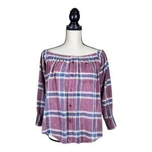 Urban Renewal Plaid Off Shoulder Button Up Shirt
